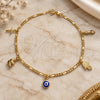 Oro Laminado Charm Anklet , Gold Filled Style Judaica and Evil Eye Design, Polished, Golden Finish, 03.58.0007.10 (04 MM Thickness, 10 Inches Length)