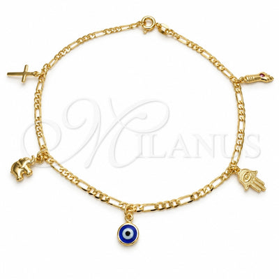 Oro Laminado Charm Anklet , Gold Filled Style Evil Eye and Elephant Design, Polished, Golden Finish, 03.58.0007.10 (04 MM Thickness, 10 Inches Length)