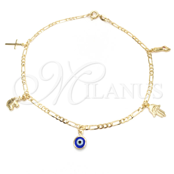 Oro Laminado Charm Anklet , Gold Filled Style Evil Eye and Elephant Design, Polished, Golden Finish, 03.58.0007.10 (04 MM Thickness, 10 Inches Length)