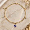 Oro Laminado Charm Anklet , Gold Filled Style Evil Eye and Cross Design, Polished, Golden Finish, 03.58.0012.10 (04 MM Thickness, 10 Inches Length)