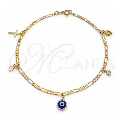 Oro Laminado Charm Anklet , Gold Filled Style Evil Eye and Cross Design, Polished, Golden Finish, 03.58.0012.10 (04 MM Thickness, 10 Inches Length)