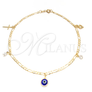 Gold Filled Anklet — Charm Anklet Evil Eye and Cross Design Polished — main product view — SKU 141882 | Oro Laminado tobillera — Charm Anklet Evil Eye and cruz diseño pulido — SKU 141882