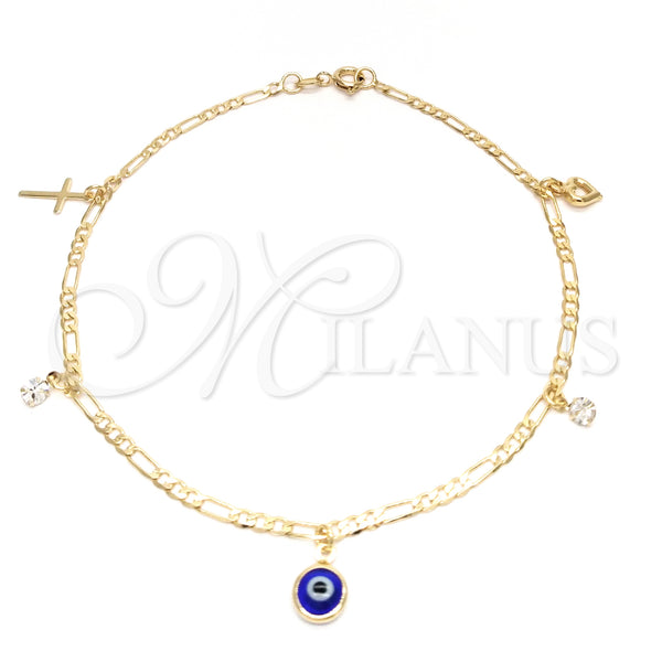 Oro Laminado Charm Anklet , Gold Filled Style Evil Eye and Cross Design, Polished, Golden Finish, 03.58.0012.10 (04 MM Thickness, 10 Inches Length)