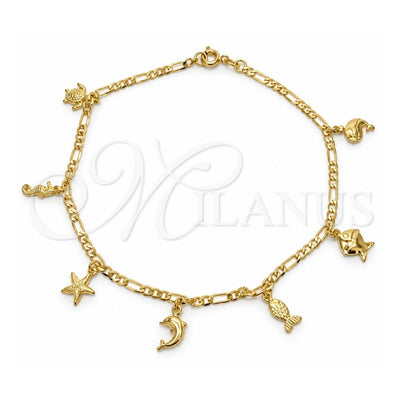 Oro Laminado Charm Anklet , Gold Filled Style Dolphin and Turtle Design, Polished, Golden Finish, 03.58.0015.10 (04 MM Thickness, 10 Inches Length)