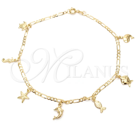 Oro Laminado Charm Anklet , Gold Filled Style Dolphin and Turtle Design, Polished, Golden Finish, 03.58.0015.10 (04 MM Thickness, 10 Inches Length)