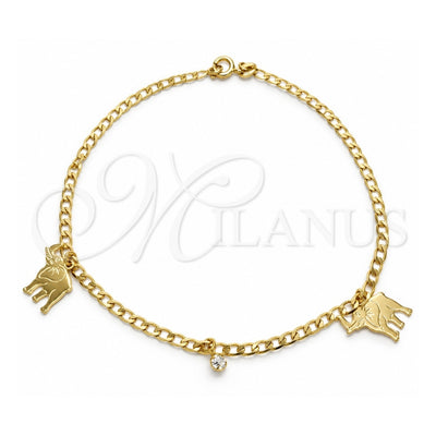 Oro Laminado Charm Anklet , Gold Filled Style Elephant and Curb Design, with White Cubic Zirconia, Polished, Golden Finish, 03.58.0016.10 (04 MM Thickness, 10 Inches Length)