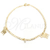Oro Laminado Charm Anklet , Gold Filled Style Elephant and Curb Design, with White Cubic Zirconia, Polished, Golden Finish, 03.58.0016.10 (04 MM Thickness, 10 Inches Length)