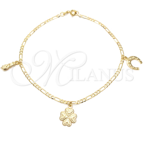 Oro Laminado Charm Anklet , Gold Filled Style Horseshoe and Four-leaf Clover Design, Polished, Golden Finish, 03.58.0020.10 (04 MM Thickness, 10 Inches Length)