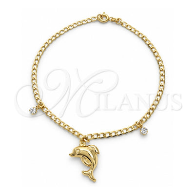 Oro Laminado Charm Anklet , Gold Filled Style Dolphin and Curb Design, with White Cubic Zirconia, Polished, Golden Finish, 03.58.0021.10 (04 MM Thickness, 10 Inches Length)