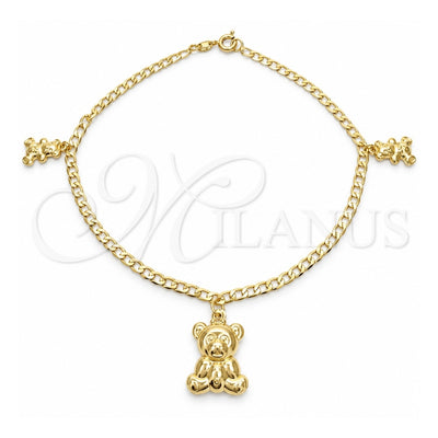 Oro Laminado Charm Anklet , Gold Filled Style Teddy Bear and Curb Design, Polished, Golden Finish, 03.58.0022.10 (04 MM Thickness, 10 Inches Length)