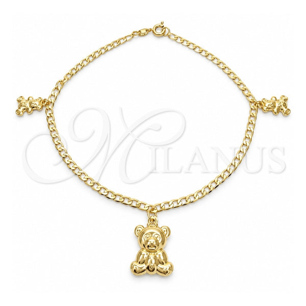 Oro Laminado Charm Anklet , Gold Filled Style Teddy Bear and Curb Design, Polished, Golden Finish, 03.58.0022.10 (04 MM Thickness, 10 Inches Length)