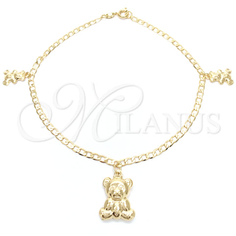 Oro Laminado Charm Anklet , Gold Filled Style Teddy Bear and Curb Design, Polished, Golden Finish, 03.58.0022.10 (04 MM Thickness, 10 Inches Length)