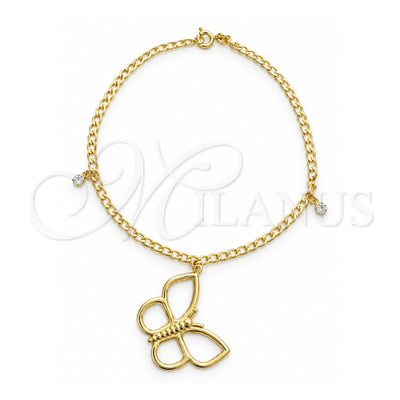Oro Laminado Charm Anklet , Gold Filled Style Butterfly and Figaro Design, with White Cubic Zirconia, Polished, Golden Finish, 03.58.0025.10 (04 MM Thickness, 10 Inches Length)