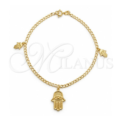 Oro Laminado Charm Anklet , Gold Filled Style Judaica and Hand of God Design, Polished, Golden Finish, 03.58.0080.10 (04 MM Thickness, 10 Inches Length)