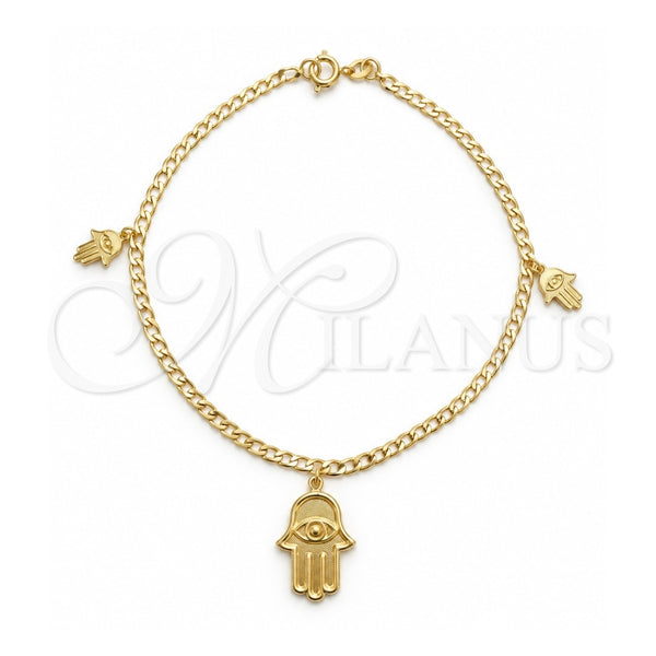 Oro Laminado Charm Anklet , Gold Filled Style Judaica and Hand of God Design, Polished, Golden Finish, 03.58.0080.10 (04 MM Thickness, 10 Inches Length)