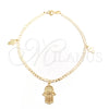 Oro Laminado Charm Anklet , Gold Filled Style Hand of God and Concave Cuban Design, Polished, Golden Finish, 03.58.0080.10 (04 MM Thickness, 10 Inches Length)