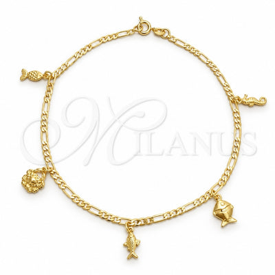 Oro Laminado Charm Anklet , Gold Filled Style Seahorse and Fish Design, Polished, Golden Finish, 03.58.0030.10 (04 MM Thickness, 10 Inches Length)