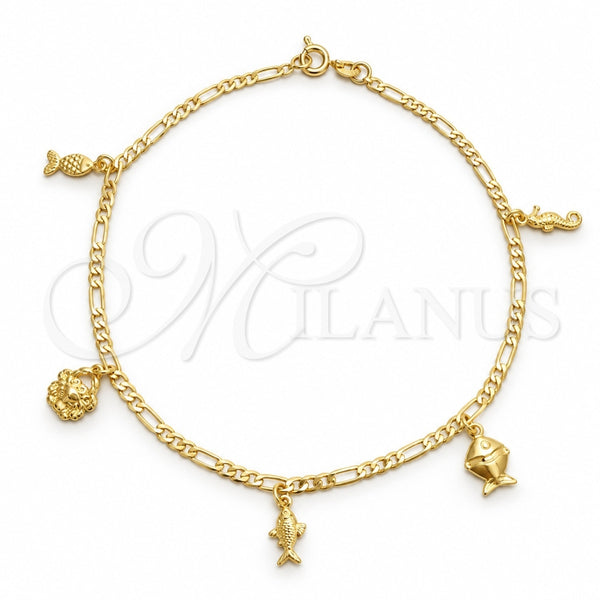 Oro Laminado Charm Anklet , Gold Filled Style Seahorse and Fish Design, Polished, Golden Finish, 03.58.0030.10 (04 MM Thickness, 10 Inches Length)