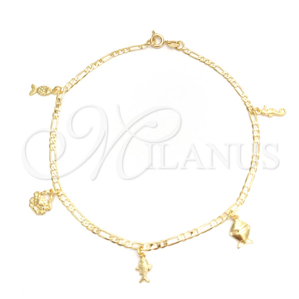 Oro Laminado Charm Anklet , Gold Filled Style Seahorse and Fish Design, Polished, Golden Finish, 03.58.0030.10 (04 MM Thickness, 10 Inches Length)