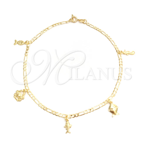 Oro Laminado Charm Anklet , Gold Filled Style Seahorse and Fish Design, Polished, Golden Finish, 03.58.0030.10 (04 MM Thickness, 10 Inches Length)