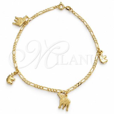 Oro Laminado Charm Anklet , Gold Filled Style Elephant and Figaro Design, Polished, Golden Finish, 03.58.0031.10 (04 MM Thickness, 10 Inches Length)