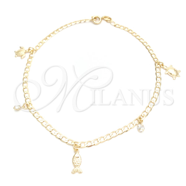 Oro Laminado Charm Anklet , Gold Filled Style Turtle and Curb Design, with White Cubic Zirconia, Polished, Golden Finish, 03.58.0036.10 (04 MM Thickness, 10 Inches Length)