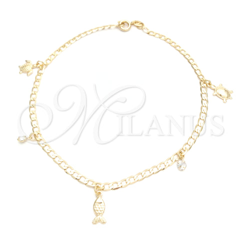Oro Laminado Charm Anklet , Gold Filled Style Turtle and Curb Design, with White Cubic Zirconia, Polished, Golden Finish, 03.58.0036.10 (04 MM Thickness, 10 Inches Length)