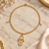 Oro Laminado Charm Anklet , Gold Filled Style Hand of God and Curb Design, with White Cubic Zirconia, Polished, Golden Finish, 03.58.0037.10 (04 MM Thickness, 10 Inches Length)