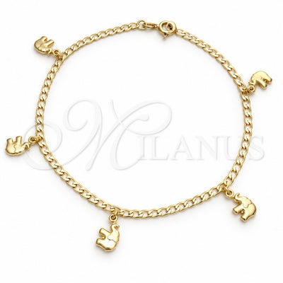 Oro Laminado Charm Anklet , Gold Filled Style Elephant and Concave Cuban Design, Polished, Golden Finish, 03.58.0038.10 (04 MM Thickness, 10 Inches Length)
