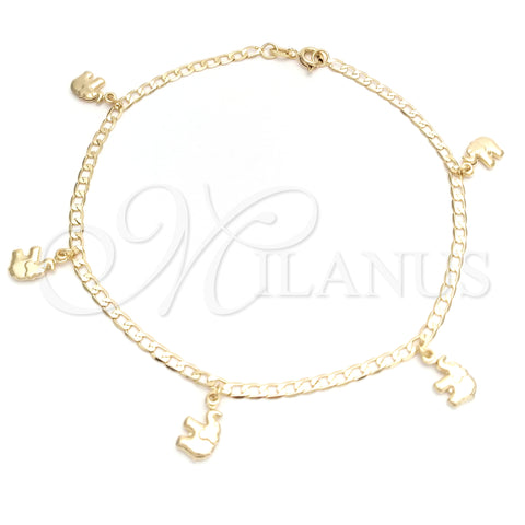 Oro Laminado Charm Anklet , Gold Filled Style Elephant and Concave Cuban Design, Polished, Golden Finish, 03.58.0038.10 (04 MM Thickness, 10 Inches Length)