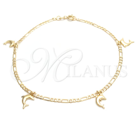 Oro Laminado Charm Anklet , Gold Filled Style Dolphin and Figaro Design, Polished, Golden Finish, 03.58.0041.10 (04 MM Thickness, 10 Inches Length)