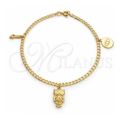 Oro Laminado Charm Anklet , Gold Filled Style Evil Eye and Figa Hand Design, Polished, Golden Finish, 03.58.0042.10 (04 MM Thickness, 10 Inches Length)