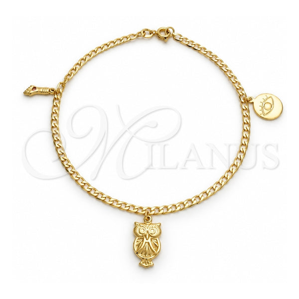 Oro Laminado Charm Anklet , Gold Filled Style Evil Eye and Figa Hand Design, Polished, Golden Finish, 03.58.0042.10 (04 MM Thickness, 10 Inches Length)