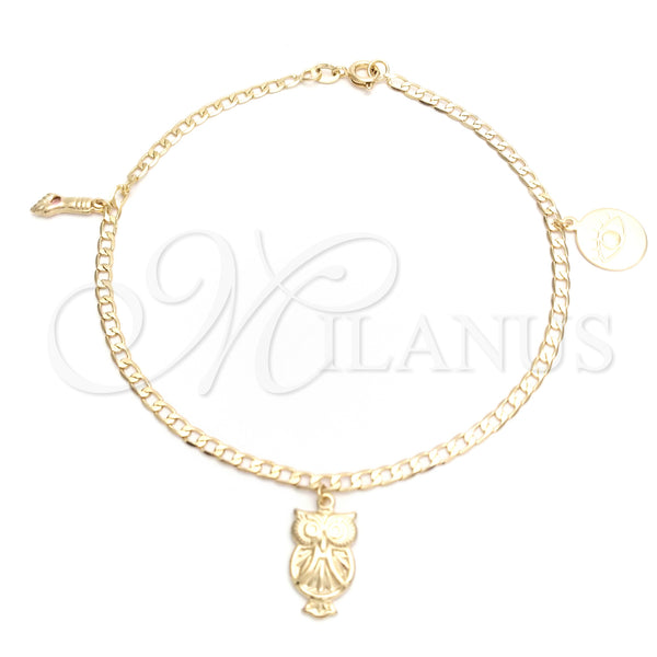 Oro Laminado Charm Anklet , Gold Filled Style Evil Eye and Figa Hand Design, Polished, Golden Finish, 03.58.0042.10 (04 MM Thickness, 10 Inches Length)
