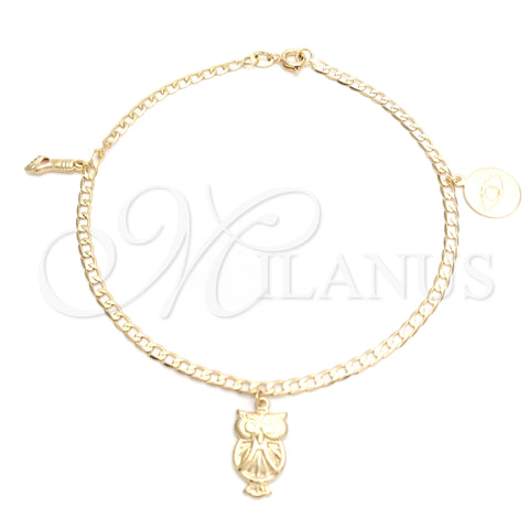 Oro Laminado Charm Anklet , Gold Filled Style Evil Eye and Figa Hand Design, Polished, Golden Finish, 03.58.0042.10 (04 MM Thickness, 10 Inches Length)