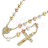 Oro Laminado Medium Rosary, Gold Filled Style Jesus and Crucifix Design, with White Crystal, Polished, Tricolor, 09.253.0054.26