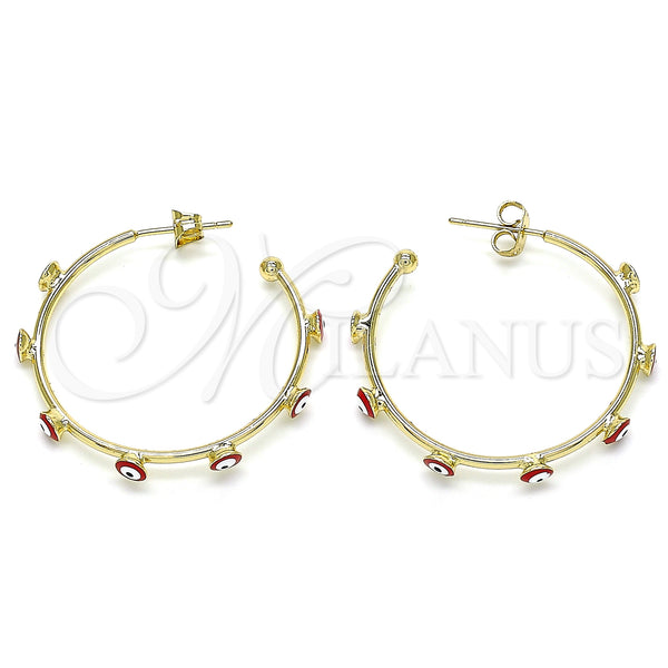 Gold Filled Hoop Earrings — Medium Hoop Evil Eye Design Red Enamel 02. — main product view — SKU 141927 | Oro Laminado aretes de aro — Medium Hoop Evil Eye diseño Red Enamel 02. — SKU 141927
