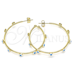 Gold Filled Hoop Earrings — Medium Hoop Evil Eye Design White Enamel 02. — main product view — SKU 141930 | Oro Laminado aretes de aro — Medium Hoop Evil Eye diseño blanco Enamel 02. — SKU 141930