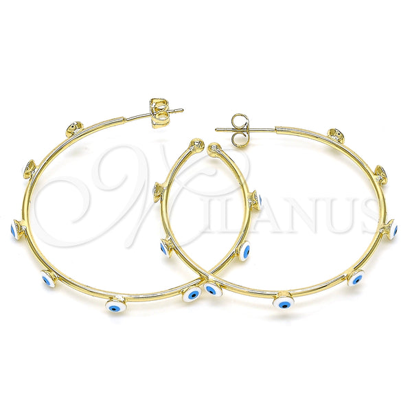 Gold Filled Hoop Earrings — Medium Hoop Evil Eye Design White Enamel 02. — main product view — SKU 141930 | Oro Laminado aretes de aro — Medium Hoop Evil Eye diseño blanco Enamel 02. — SKU 141930