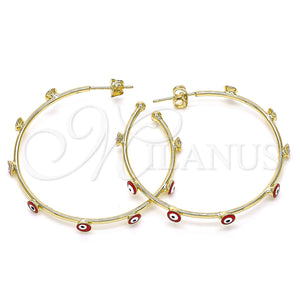 Gold Filled Hoop Earrings — Medium Hoop Evil Eye Design Red Enamel 02. — main product view — SKU 141931 | Oro Laminado aretes de aro — Medium Hoop Evil Eye diseño Red Enamel 02. — SKU 141931