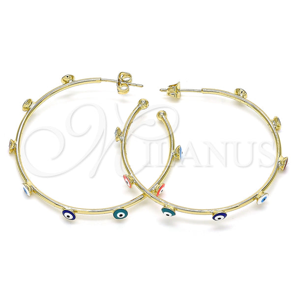 Gold Filled Hoop Earrings — Medium Hoop Evil Eye Design Multicolor Enamel 02. — main product view — SKU 141932 | Oro Laminado aretes de aro — Medium Hoop Evil Eye diseño Multicolor Enamel 02. — SKU 141932