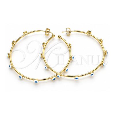 Oro Laminado Large Hoop, Gold Filled Style Evil Eye Design, White Enamel Finish, Golden Finish, 02.213.0219.1.50