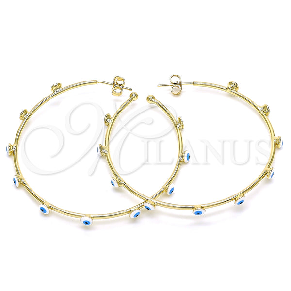 Gold Filled Hoop Earrings — Large Hoop Evil Eye Design White Enamel 02. — main product view — SKU 141934 | Oro Laminado aretes de aro — Large Hoop Evil Eye diseño blanco Enamel 02. — SKU 141934
