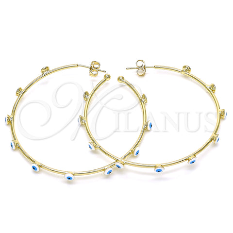 Oro Laminado Large Hoop, Gold Filled Style Evil Eye Design, White Enamel Finish, Golden Finish, 02.213.0219.1.50