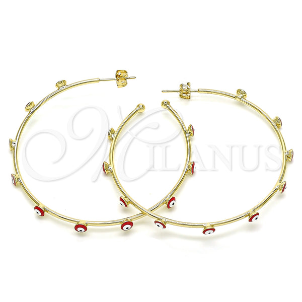 Gold Filled Hoop Earrings — Large Hoop Evil Eye Design Red Enamel 02. — main product view — SKU 141935 | Oro Laminado aretes de aro — Large Hoop Evil Eye diseño Red Enamel 02. — SKU 141935