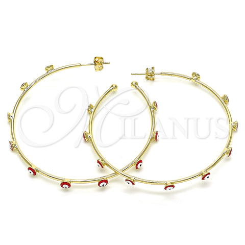 Oro Laminado Large Hoop, Gold Filled Style Evil Eye Design, Red Enamel Finish, Golden Finish, 02.213.0219.2.50