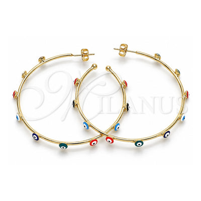 Oro Laminado Large Hoop, Gold Filled Style Evil Eye Design, Multicolor Enamel Finish, Golden Finish, 02.213.0219.3.50