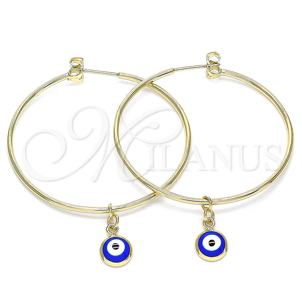 Gold Filled Hoop Earrings — Medium Hoop Evil Eye Design Blue Enamel 02. — main product view — SKU 141937 | Oro Laminado aretes de aro — Medium Hoop Evil Eye diseño Blue Enamel 02. — SKU 141937