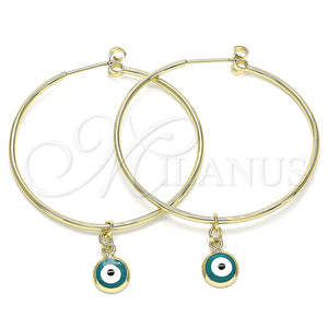 Gold Filled Hoop Earrings — Medium Hoop Evil Eye Design Turquoise Enamel 02. — main product view — SKU 141938 | Oro Laminado aretes de aro — Medium Hoop Evil Eye diseño Turquoise Enamel 02. — SKU 141938