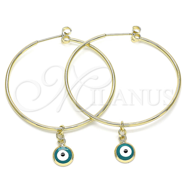 Gold Filled Hoop Earrings — Medium Hoop Evil Eye Design Turquoise Enamel 02. — main product view — SKU 141938 | Oro Laminado aretes de aro — Medium Hoop Evil Eye diseño Turquoise Enamel 02. — SKU 141938